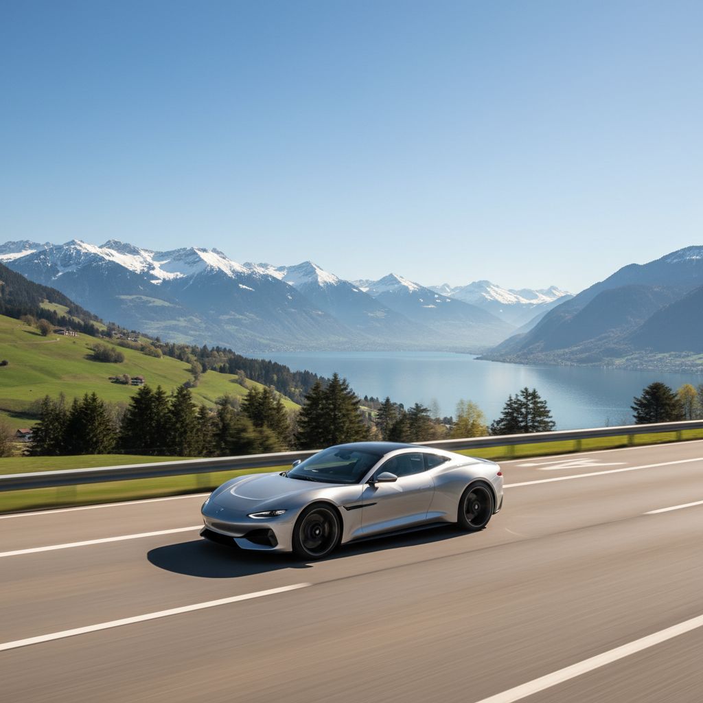 Scenic view of the highway A1 between Geneva and Lausanne with a modern car driving smoothly, swiss alps in background, hyper realistic style