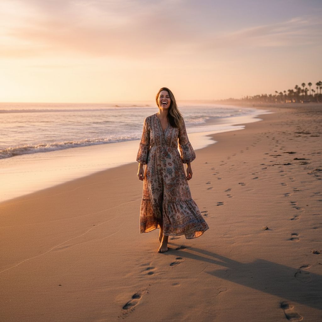 A joyful woman wearing a long flowy bohemian dress walking on a california beach during sunset
