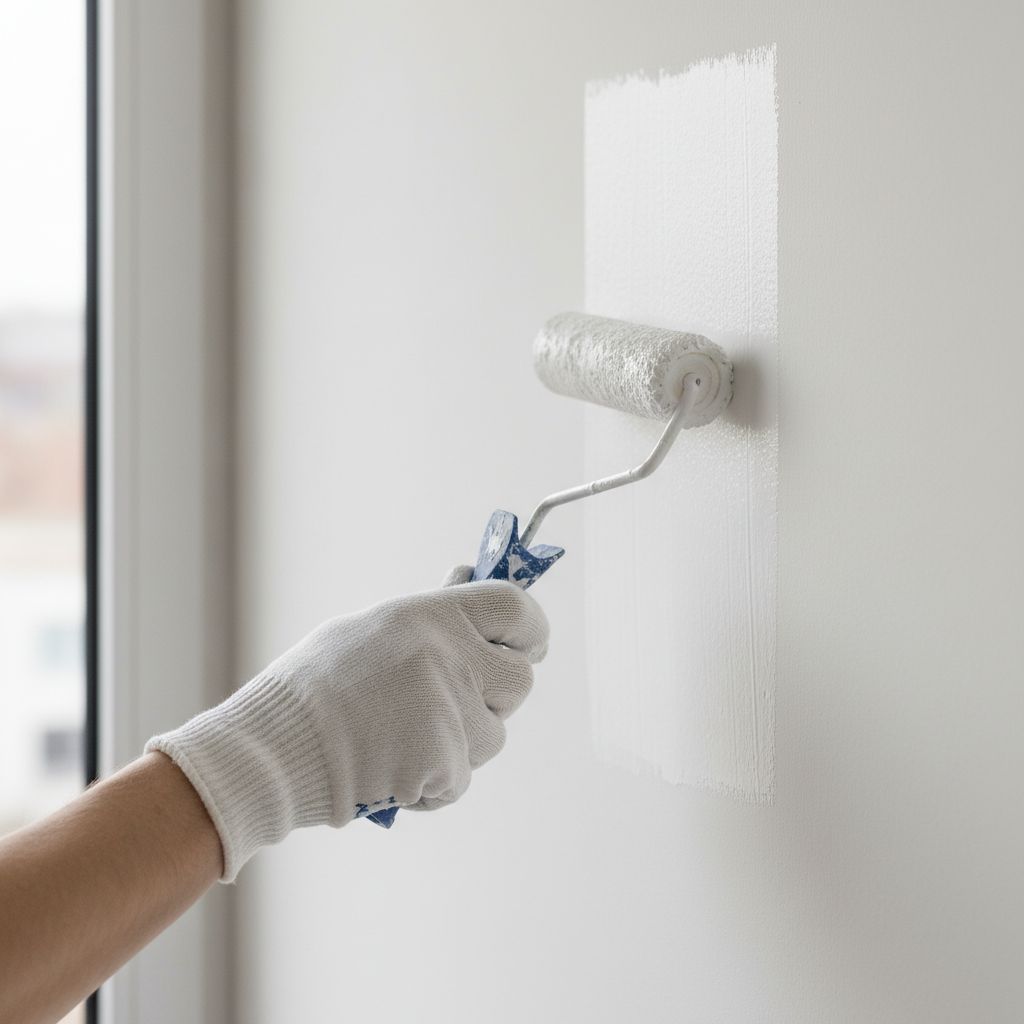 Close up of a professional painter applying white paint on a wall with precision