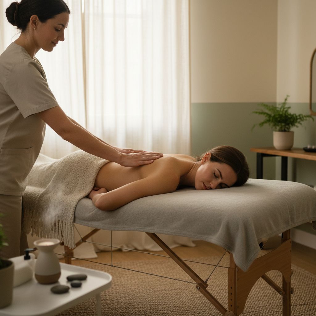 Une salle de soin d'ostéopathie calme et accueillante, avec un éclairage chaleureux. L'image se concentre sur les mains d'un thérapeute posées délicatement sur l'épaule d'un patient, un geste qui symbolise le soutien émotionnel et le soulagement physique.