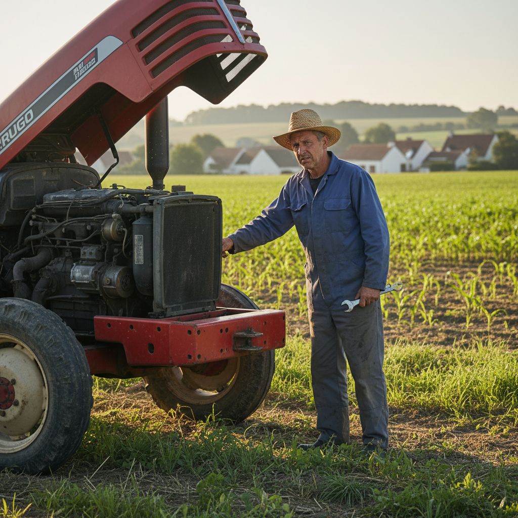 Une photo réaliste montrant un agriculteur vendéen inspectant scrupuleusement le moteur d