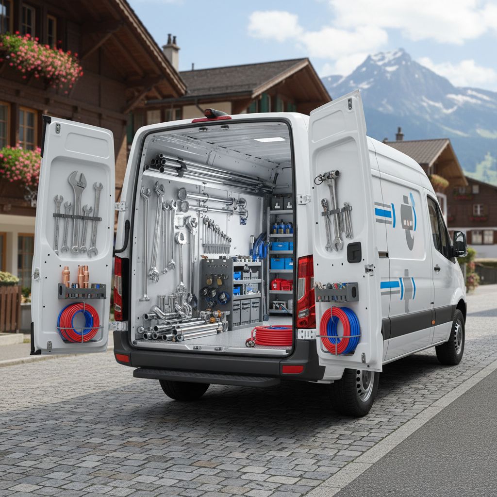 A professional van with plumbing tools parked in a swiss street typical background