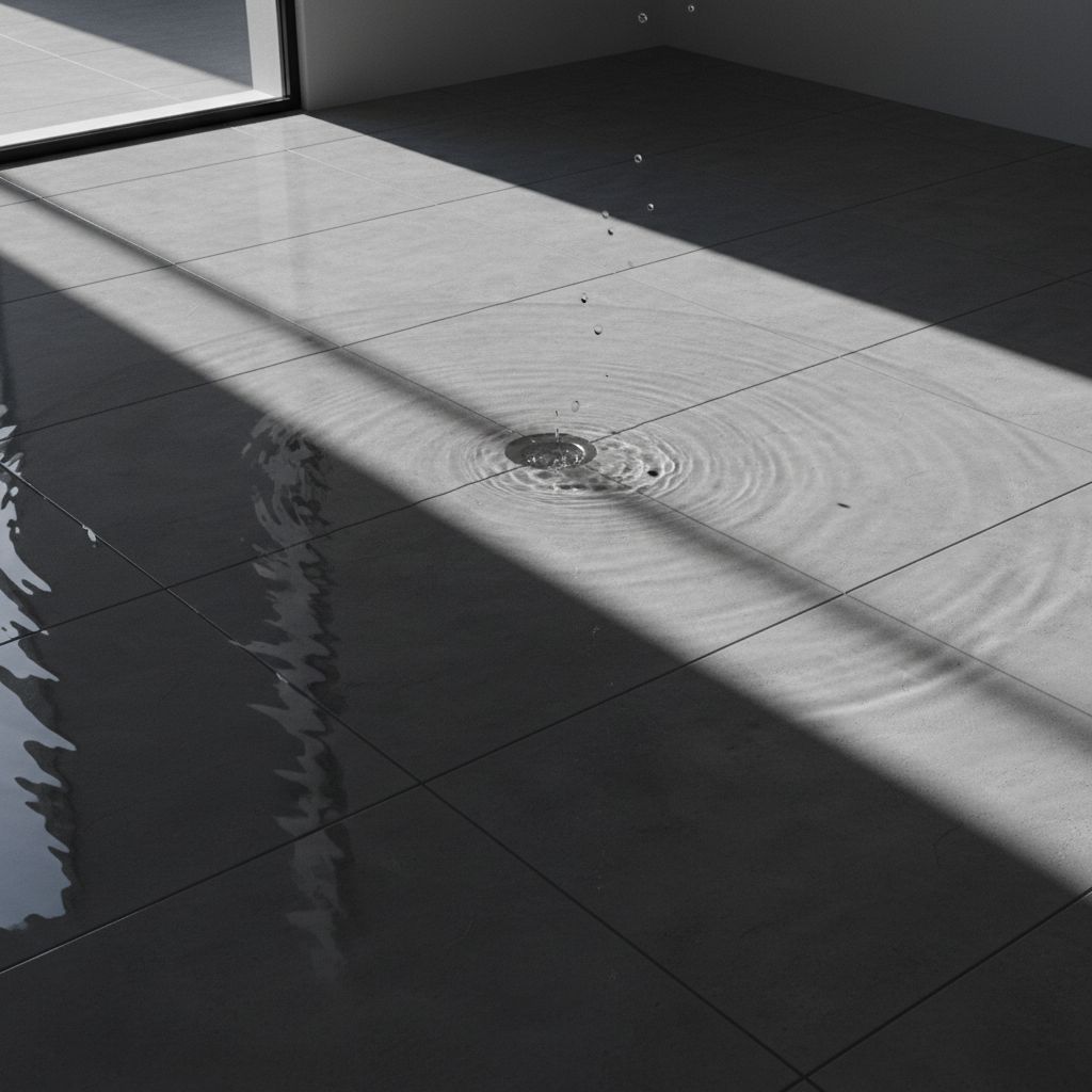 Close up of a modern bathroom floor flooded with water, realistic style showing the urgency of the situation