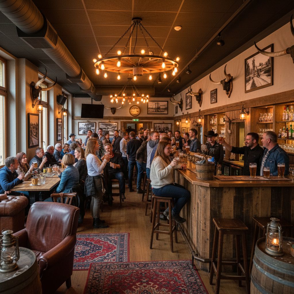 Interior view of a lively pub in Echallens with western decor an american style, happy people drinking beer, cozy atmosphere