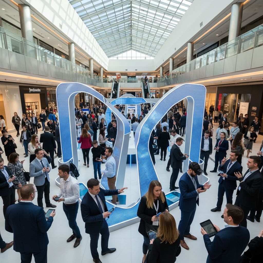 Crowd enjoying an immersive commercial event in a modern shopping mall atrium with interactive light displays.
