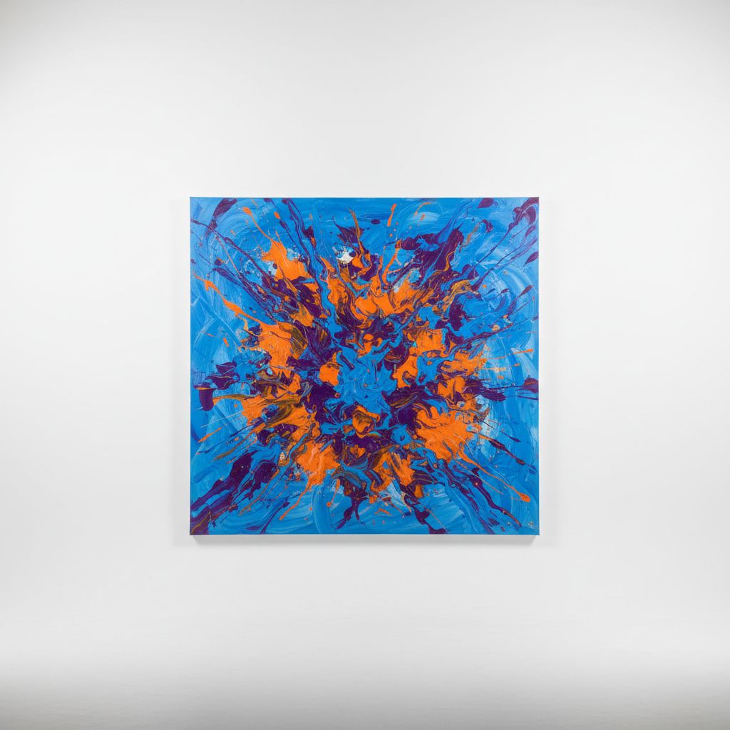 Vibrant abstract painting with electric blue and bright orange splashes on a large canvas.