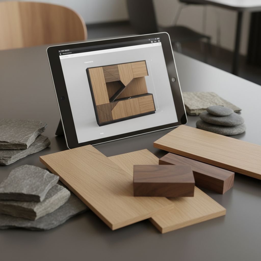 Close up of a modern custom wooden cabinet design process on a tablet screen with material samples of wood and stone on the table