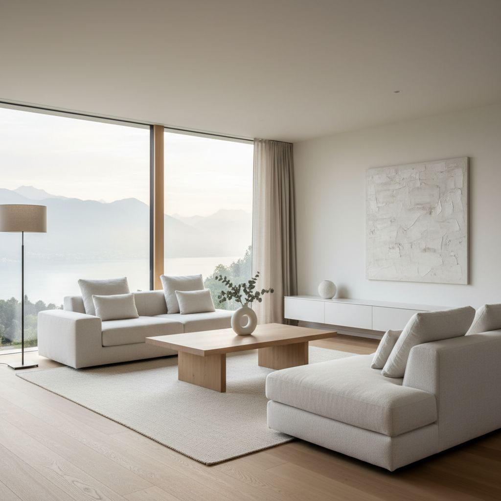 A bright, serene living room in a Swiss home in Ecublens, filled with soft golden light, symbolizing positive energy after a cleansing ritual.