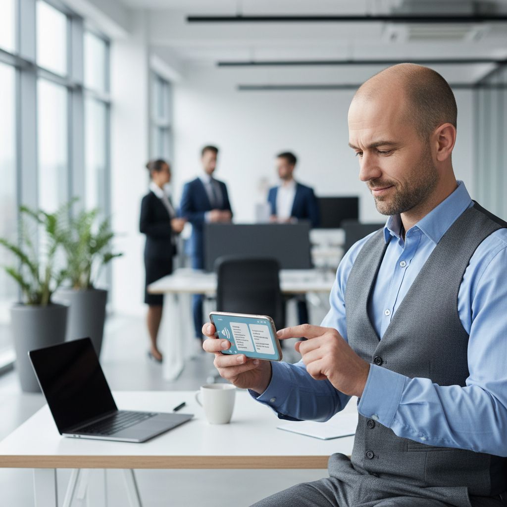 Busy professional using a smartphone translation app in a modern workspace setting