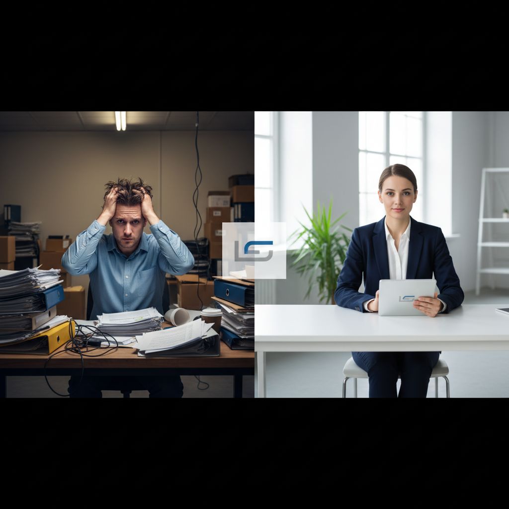An entrepreneur looking stressed with paperwork in a messy office versus a calm entrepreneur using a tablet