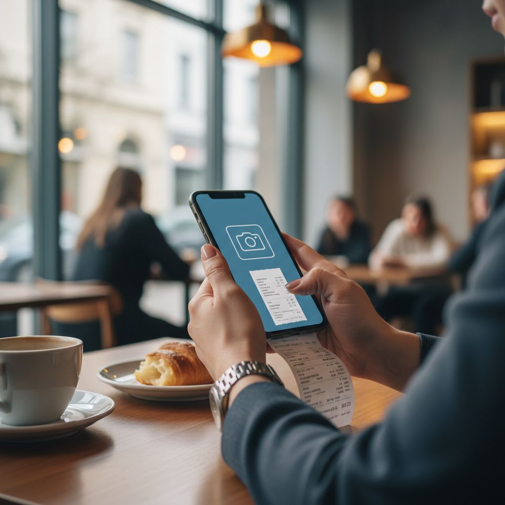 Business owner using a smartphone app to scan a receipt in a coffee shop