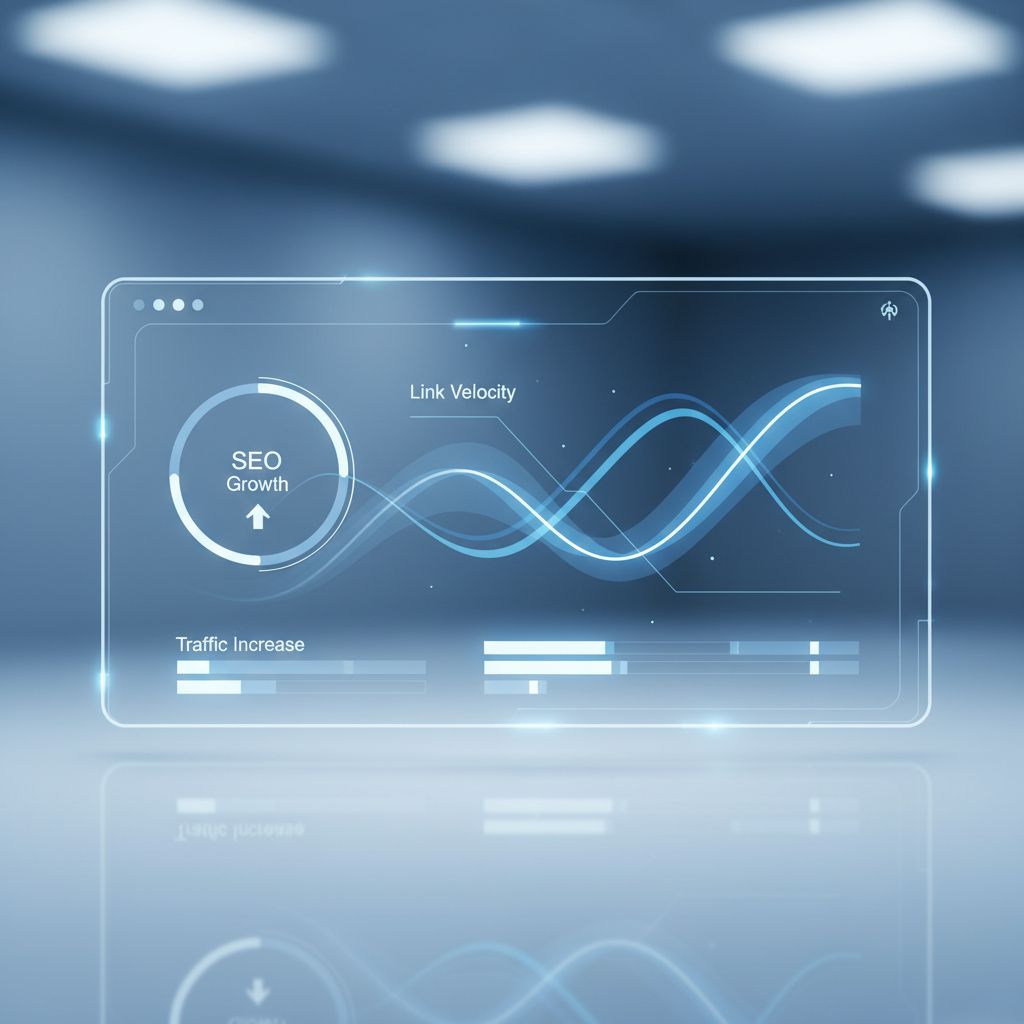 A futuristic digital dashboard showing SEO growth metrics and link velocity graphs rising steadily