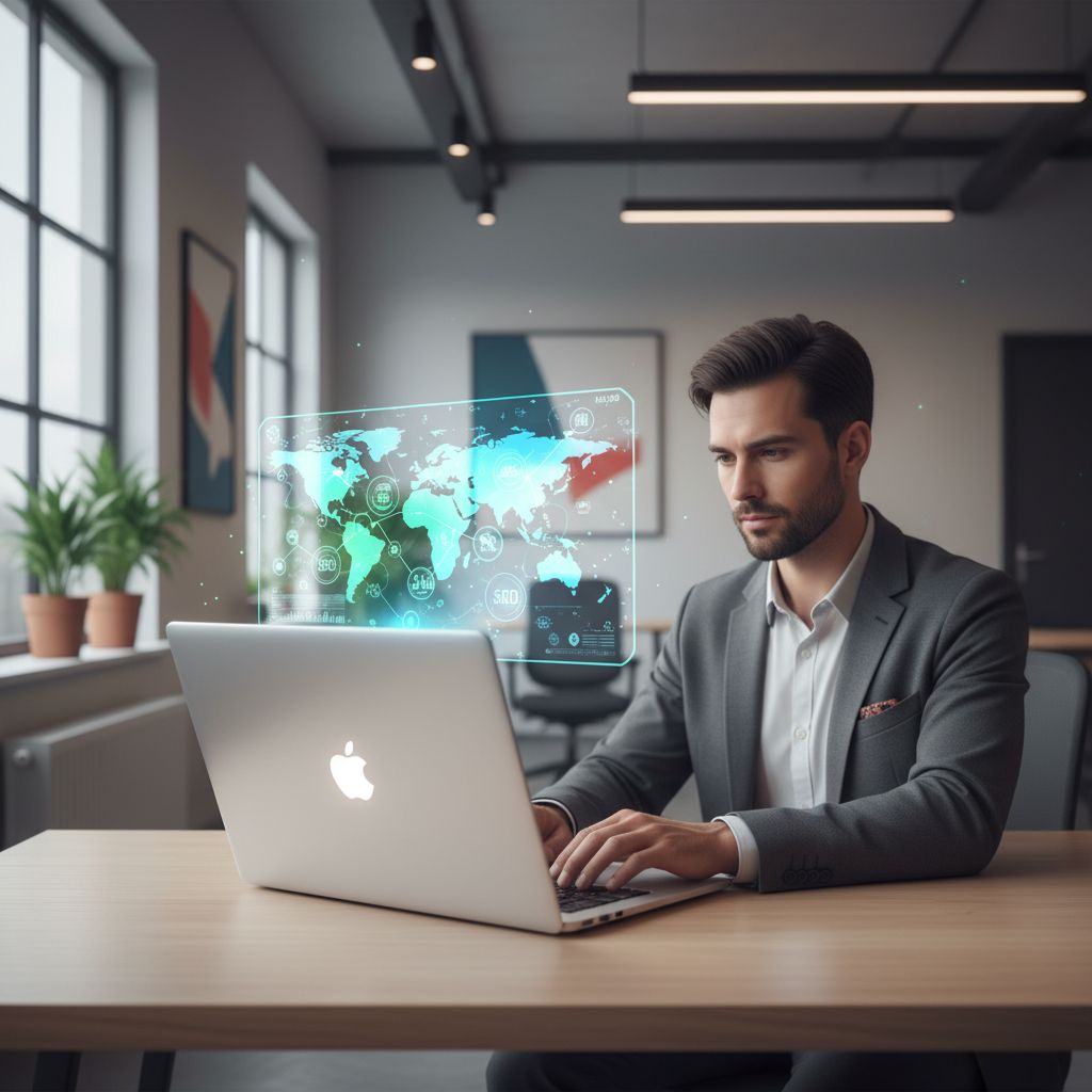 A professional working on a laptop with a holographic overlay of SEO nodes connecting across a global map