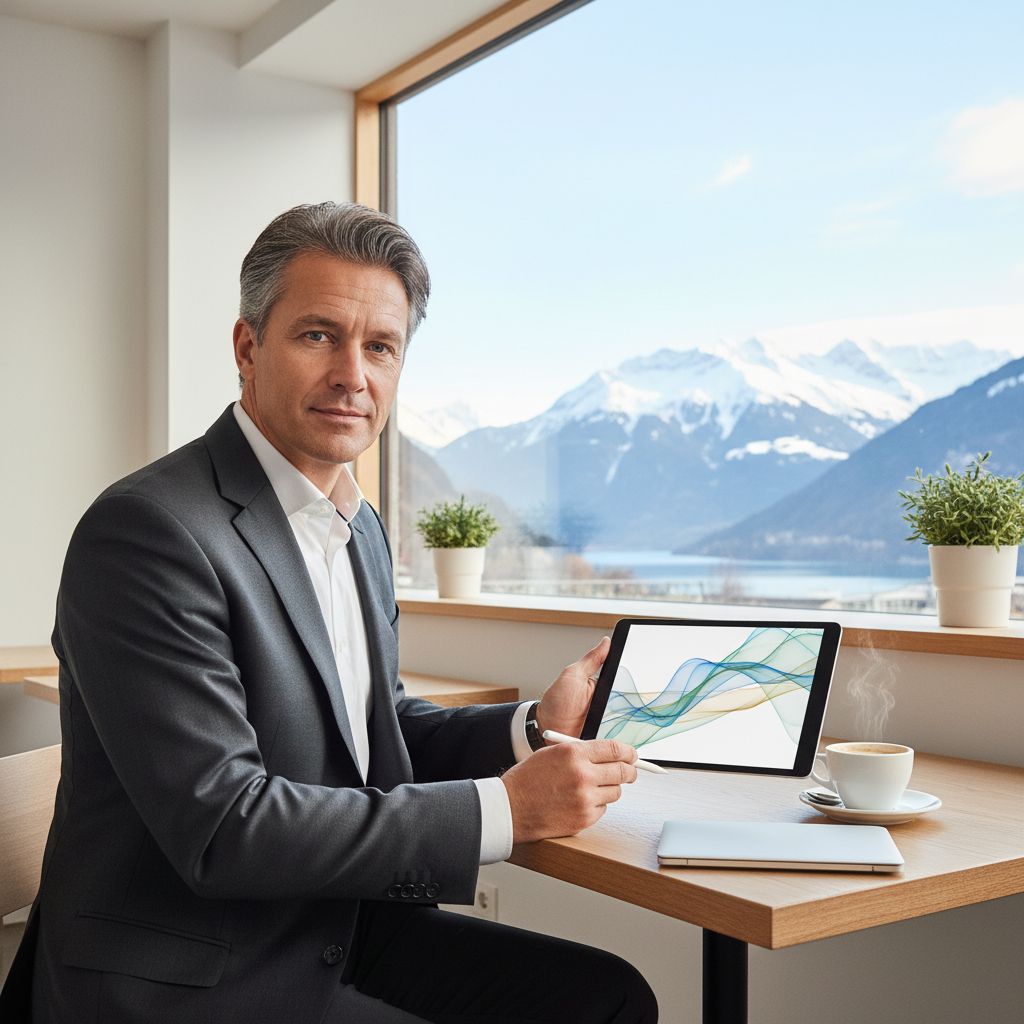 Realistic image of a swiss entrepreneur analyzing growth charts on a tablet in a cafe overlooking mountains
