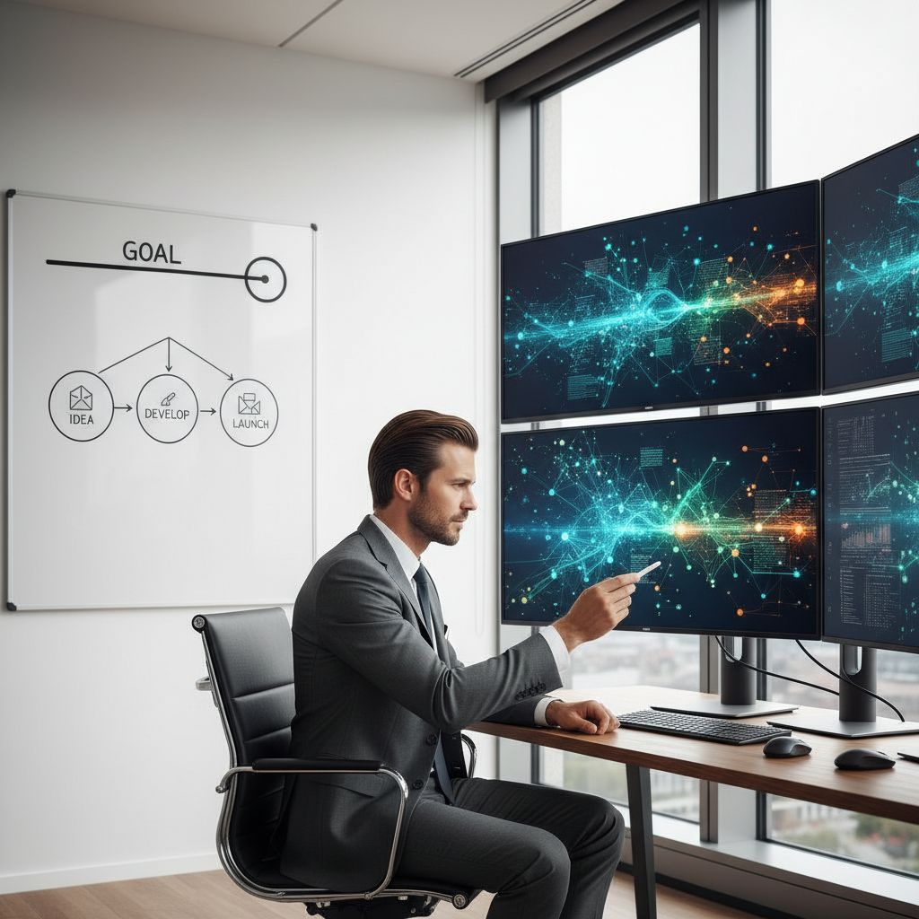 A realistic workspace of a swiss entrepreneur looking at multiple screens with confusing marketing analytics versus a clear straight line strategy on a whiteboard