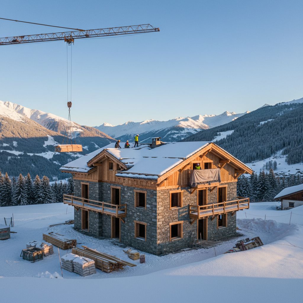 Un chalet traditionnel en bois et pierre en cours de rénovation dans un paysage enneigé de Haute-Savoie