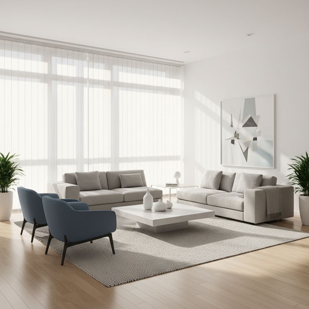 Modern bright living room in Geneva with elegant interior blinds partially closed allowing sunlight