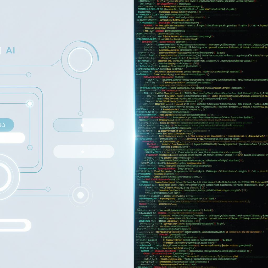 A split screen illustration showing a clean, simple AI interface on one side and complex, chaotic code on the other, representing managed vs open source