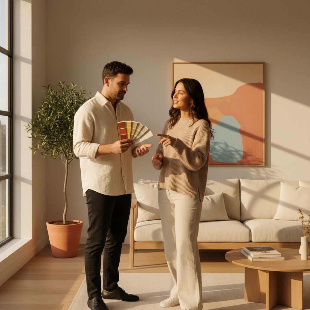 Professional painter discussing color swatches with a client in a bright living room during a consultation