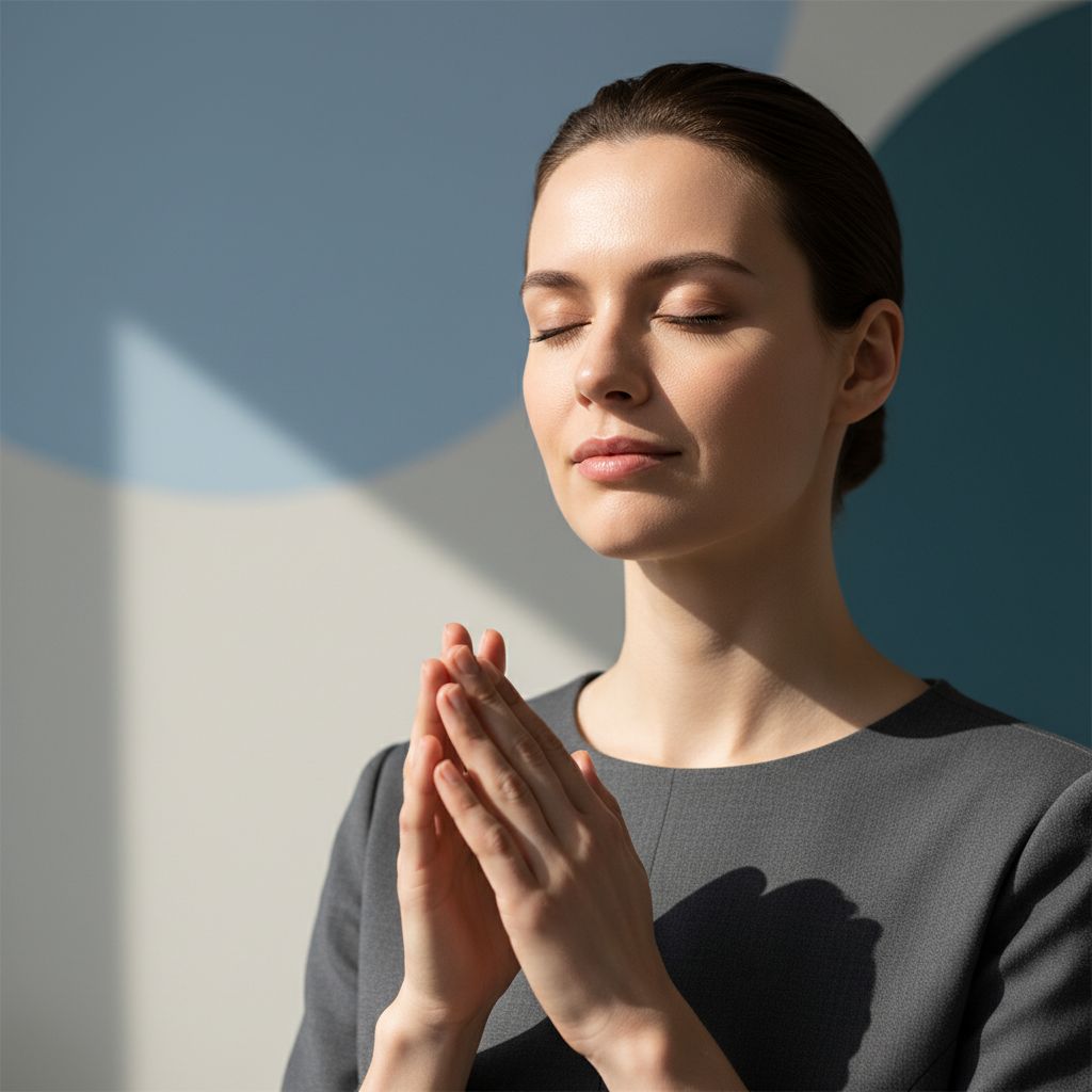 Close up of a person practicing deep breathing and grounding exercises in a calm therapy environment