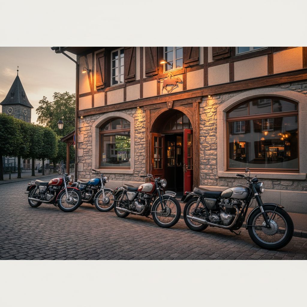 Façade du Bonanza Pub à Echallens avec des motos parcquées devant, ambiance crépuscule accueillante