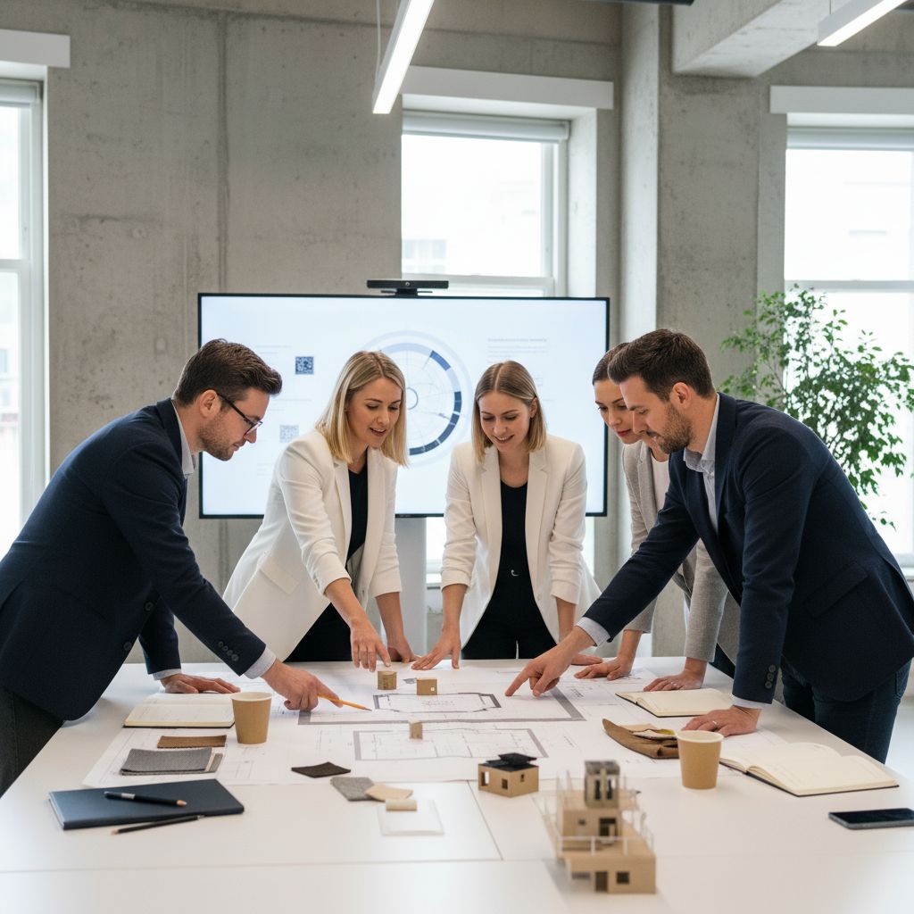 Photo réaliste d'une équipe d'agence événementielle en réunion créative, pointant des plans et des échantillons de matériaux.