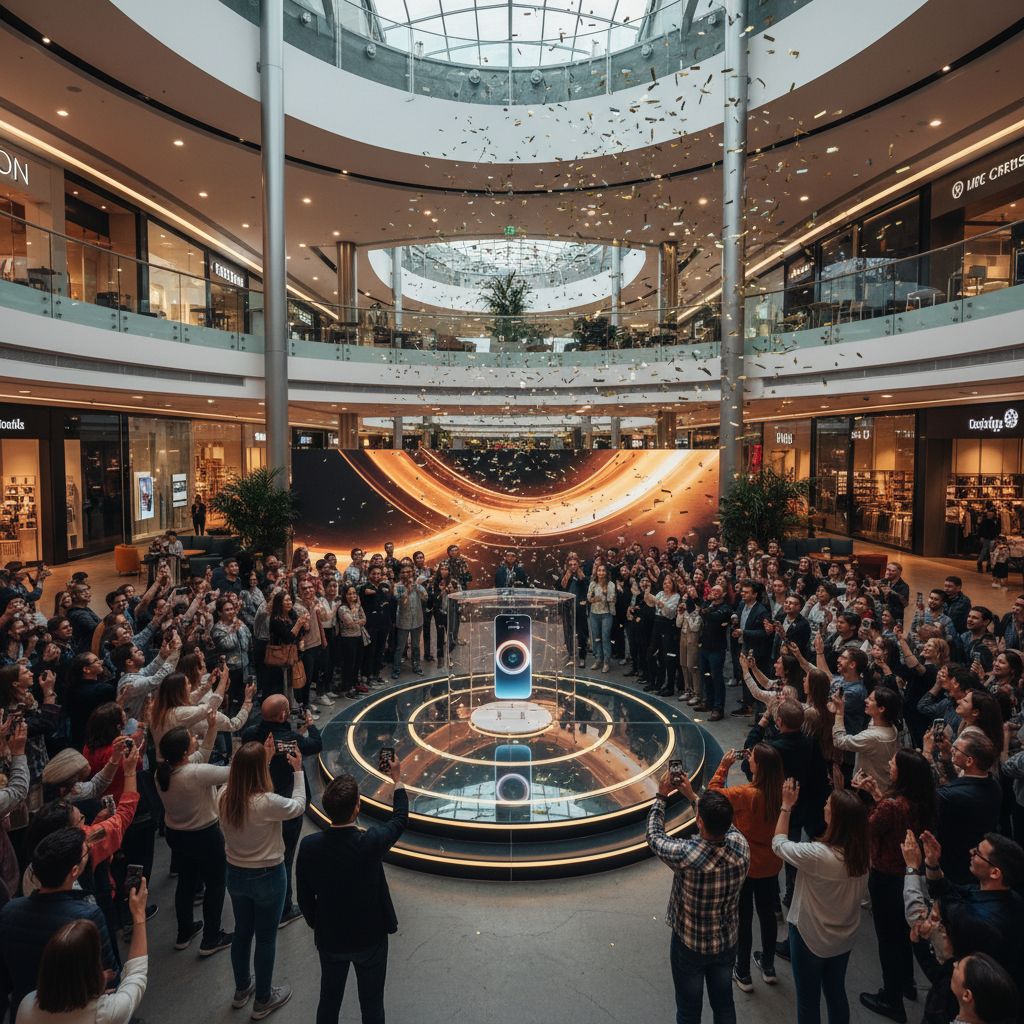 Photo réaliste et dynamique d'un lancement de produit dans un centre commercial moderne avec une foule captivée autour d'un podium éclairé, ambiance festive et professionnelle.