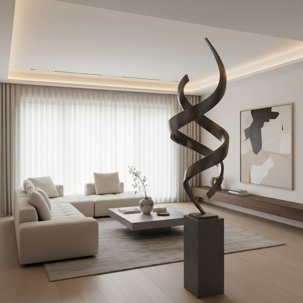 Modern minimalist living room featuring a large abstract metal sculpture on a pedestal, warm lighting, high-end furniture