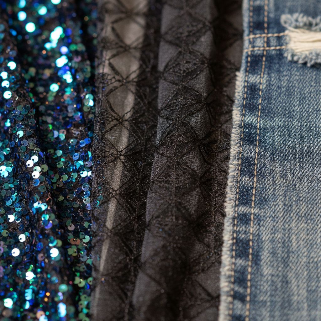 Close up of different fabric textures mixed together: sequins, mesh, and denim, highlighting the trend of dynamic textures.
