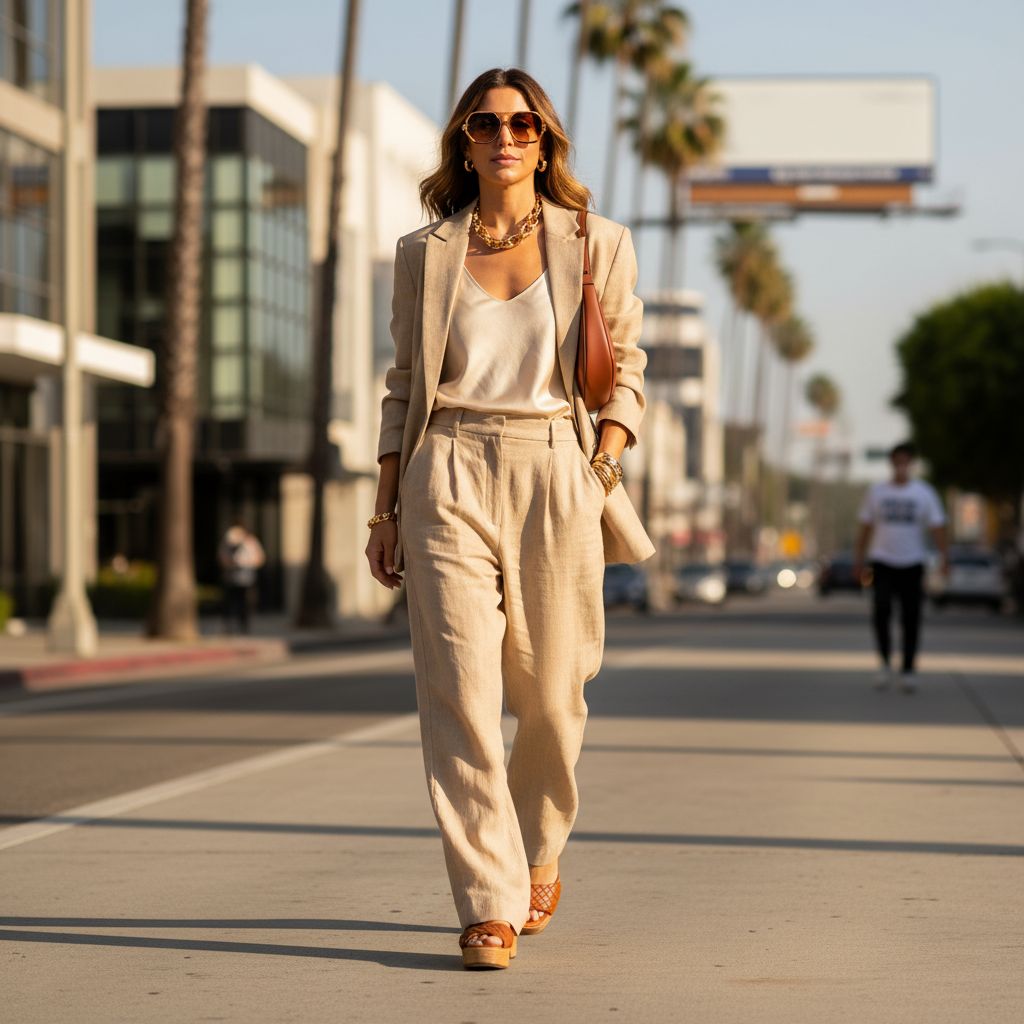 A trendy woman walking on a sunny Los Angeles street wearing relaxed tailored streetwear and sunglasses, representing california fashion trends 2024
