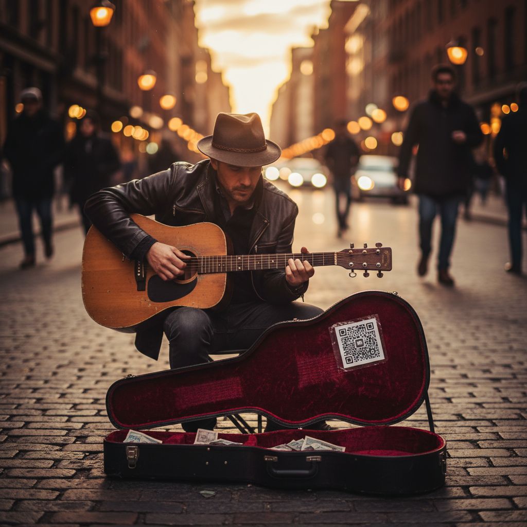 A street musician playing guitar with a visible QR code sign on his case, urban setting, cinematic lighting