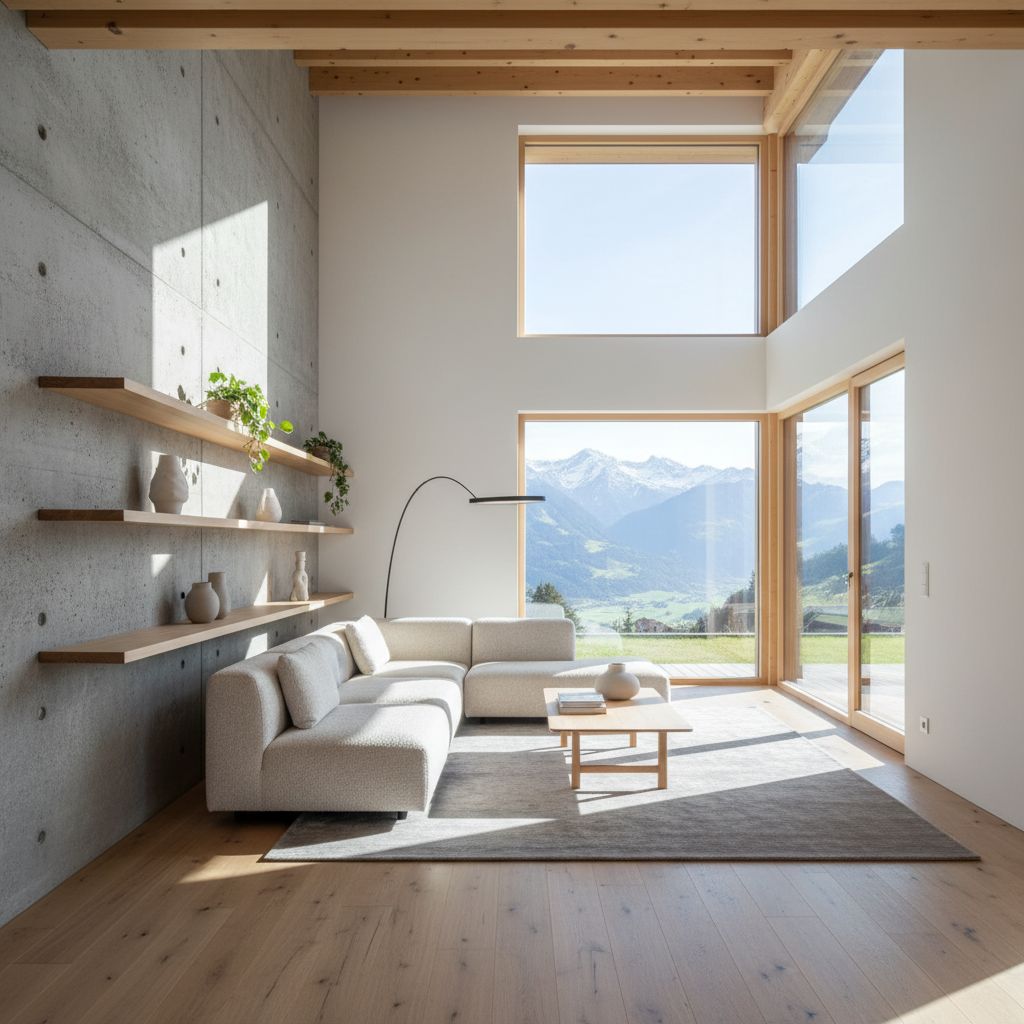 Modern bright living room renovation with fresh paint and mineral concrete walls in a Swiss style home