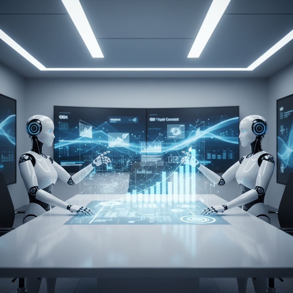 A futuristic digital workspace showing AI robots organizing content blocks and SEO charts