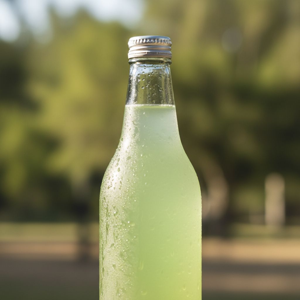 Close-up of a refreshing yerba mate bottle with condensation, natural lighting, healthy vibe