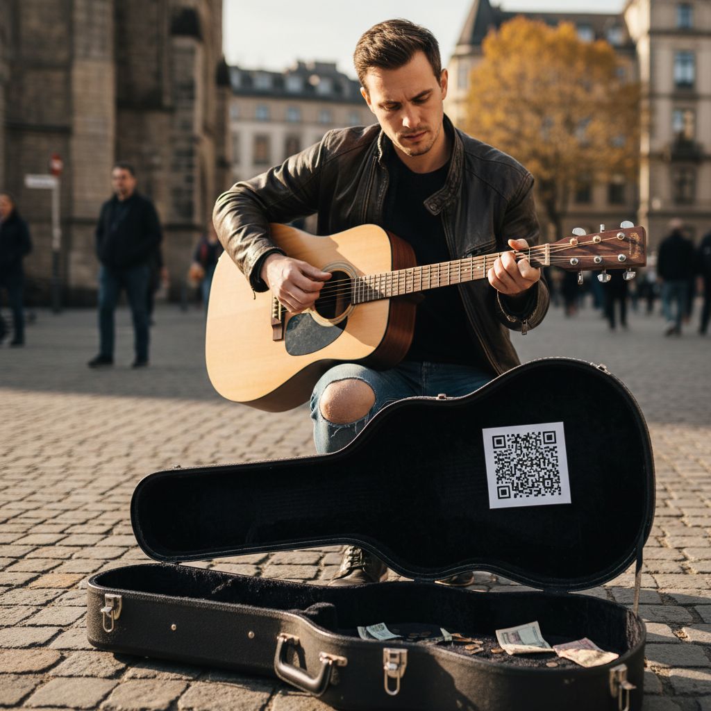 A street musician playing guitar with a visible QR code sign on their guitar case