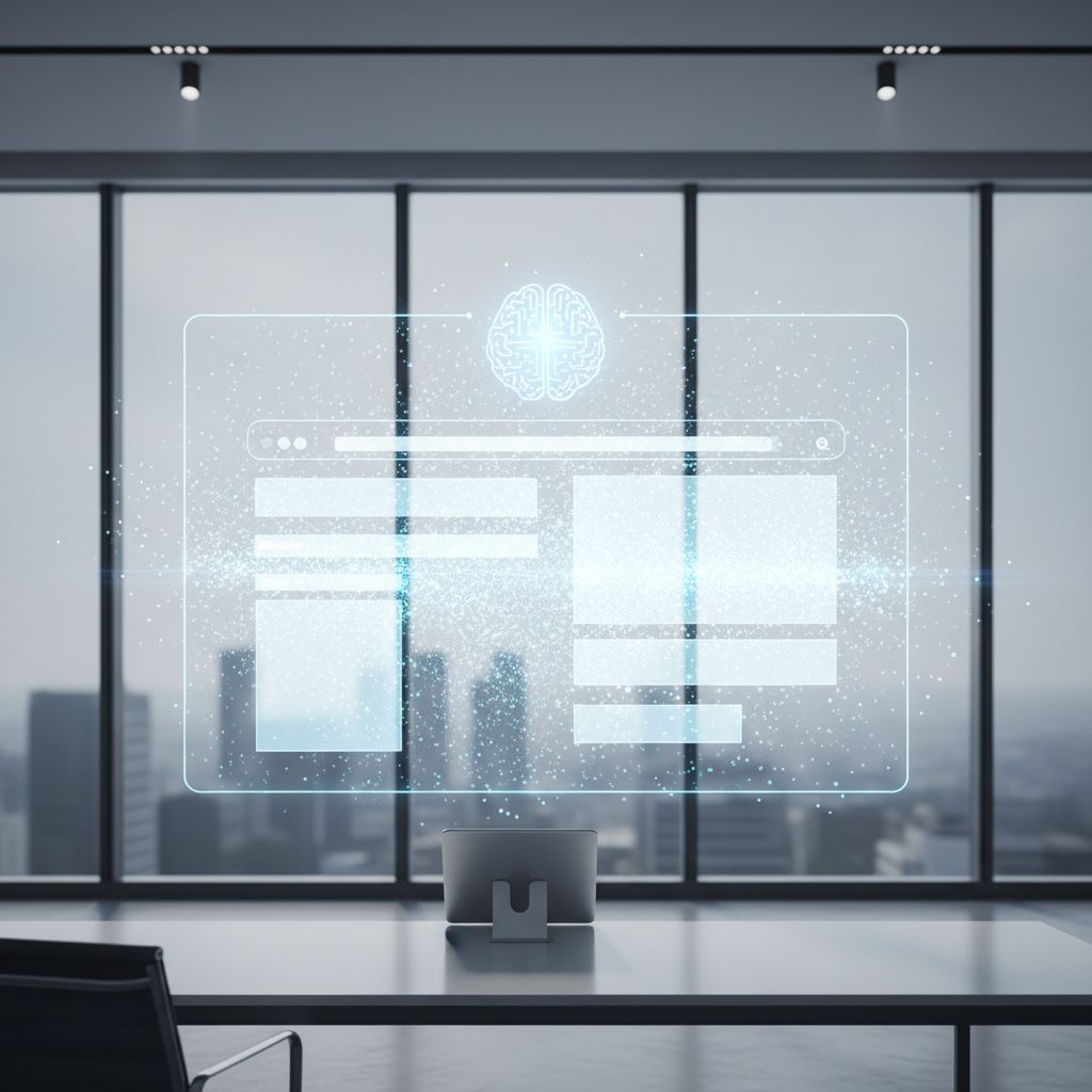 A futuristic digital interface showing a website being built automatically by artificial intelligence glowing particles