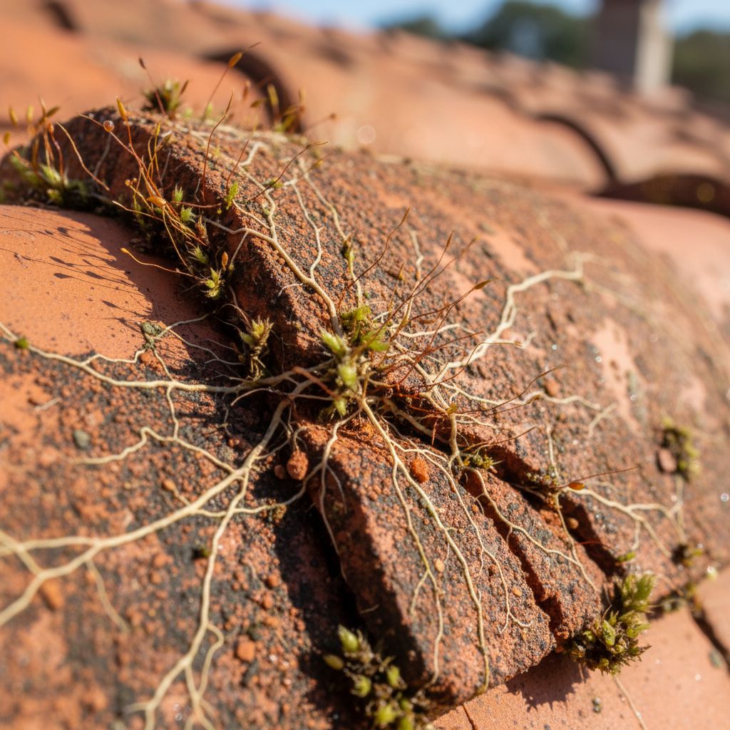 Close up detail showing moss roots penetrating a terracotta roof tile causing small cracks