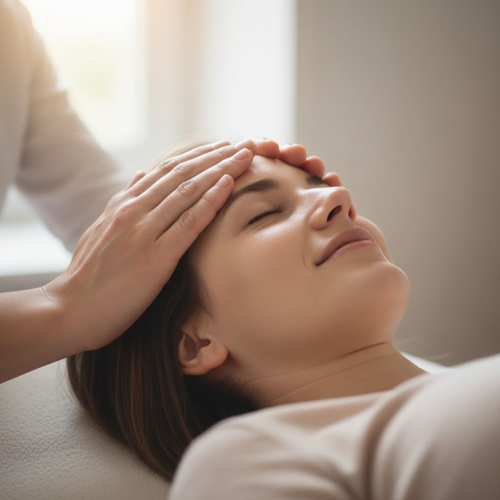 A close-up, soothing photo of an osteopath hands performing gentle cranial therapy on a patient, emphasizing the subtle touch approach
