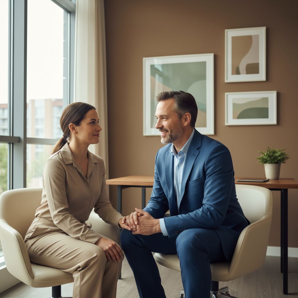 Portrait of a reassuring male osteopath talking specifically to a patient in a modern consultation room, conveying trust and expertise