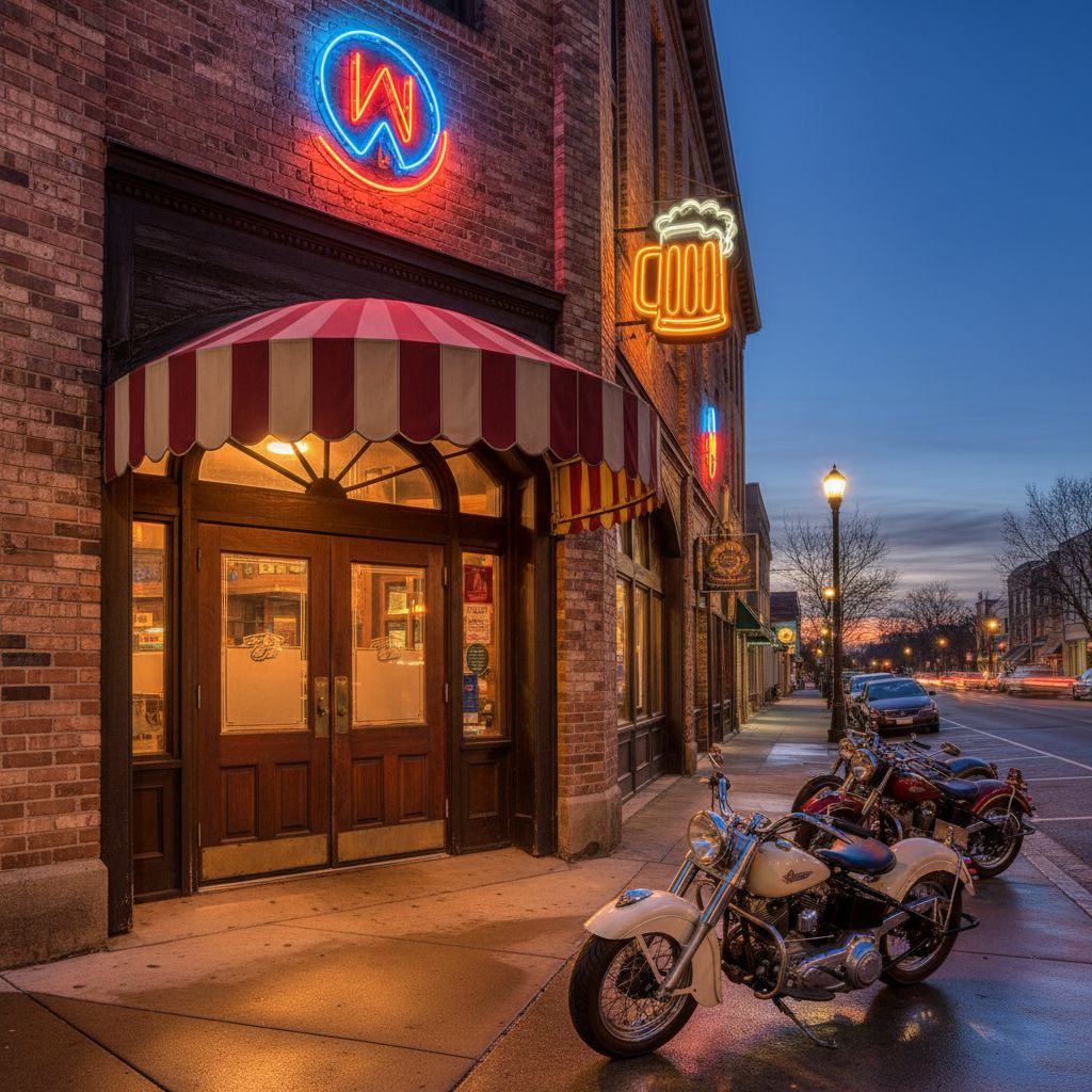 A welcoming view of a pub entrance in the evening with motorcycles parked freely in front, American style atmosphere