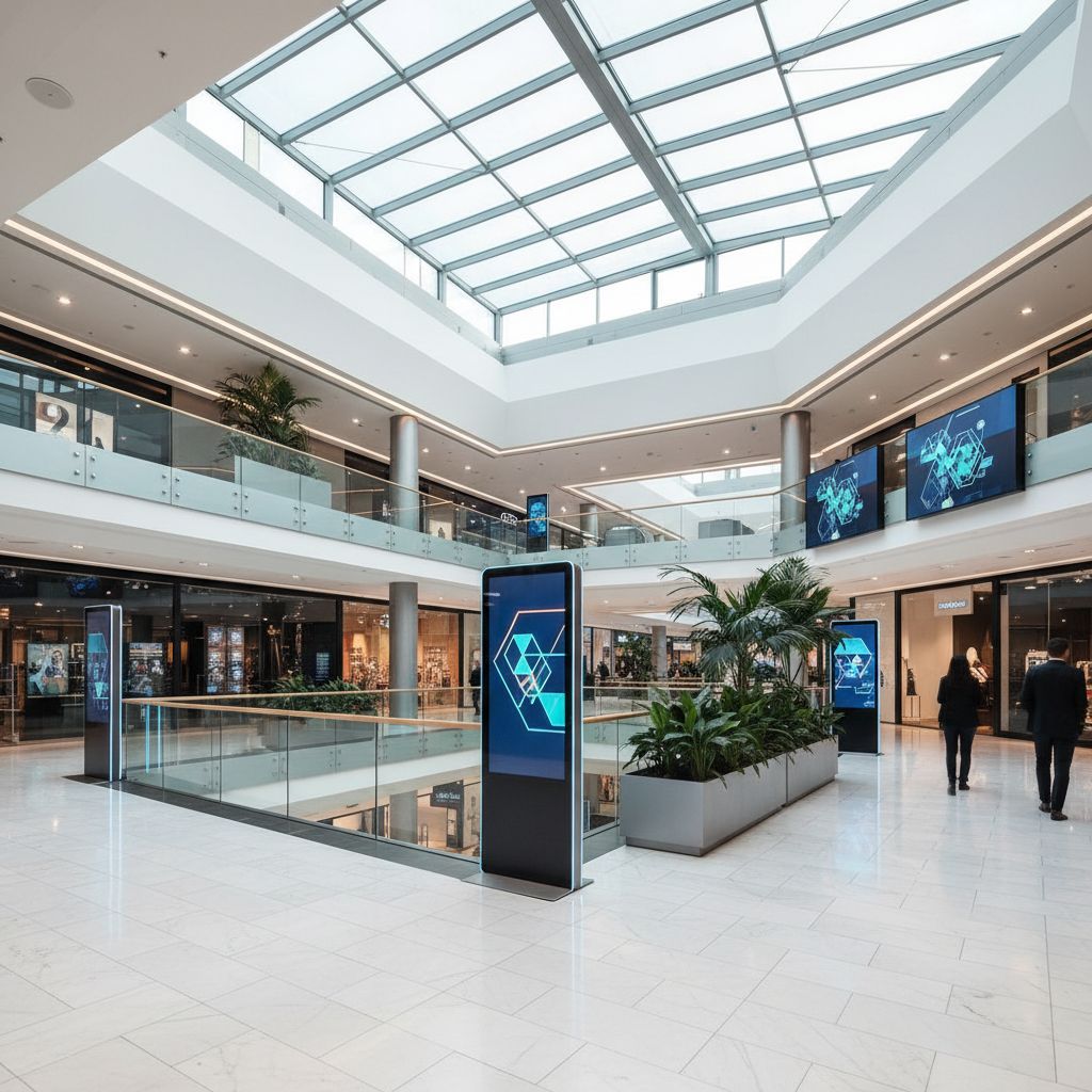 Modern shopping mall interior with brightly lit digital totems and interactive screens displaying promotions