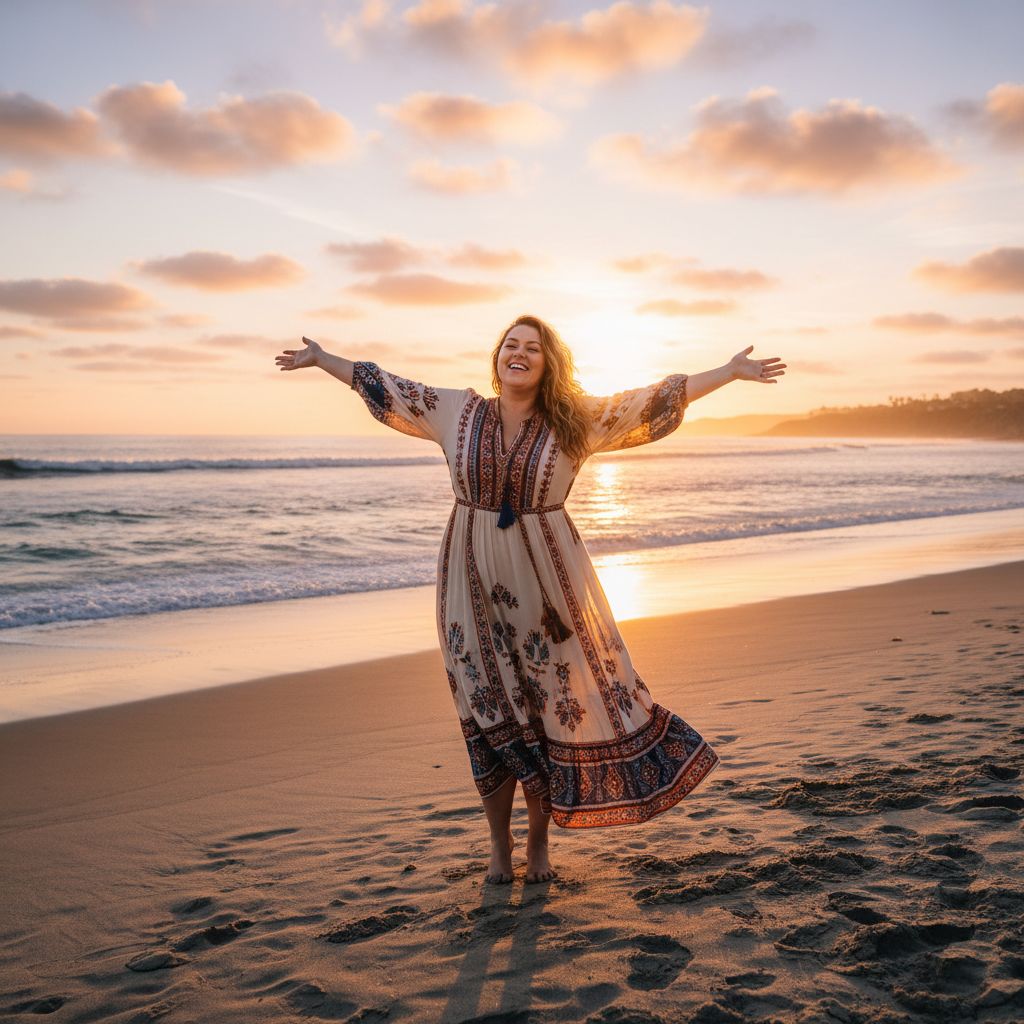 Plus size woman smiling wearing a bohemian dress on a california beach during sunset, natural lighting, cinematic style