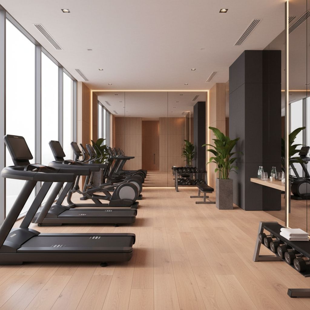 Modern gym interior with high end equipment in a private setting with warm lighting