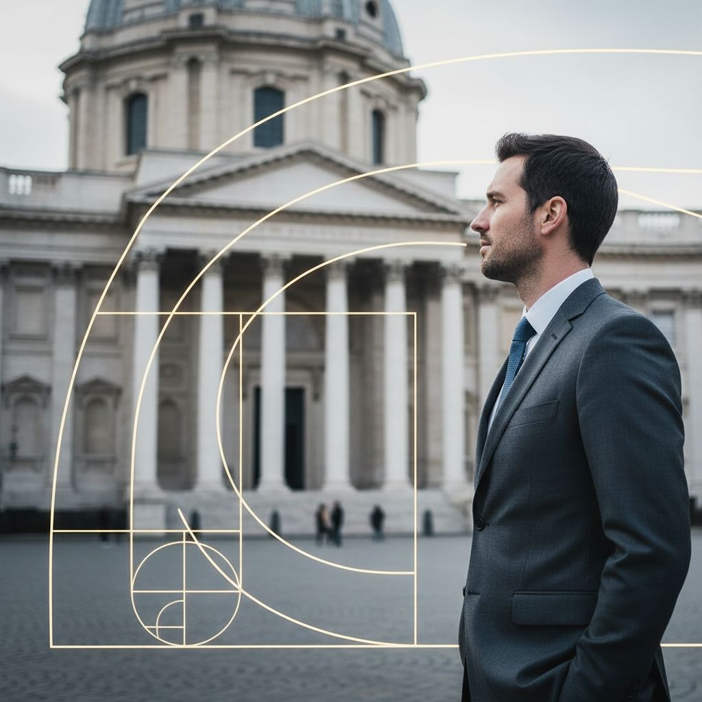 Man looking at a digital overlay of the golden ratio on a classical building architecture
