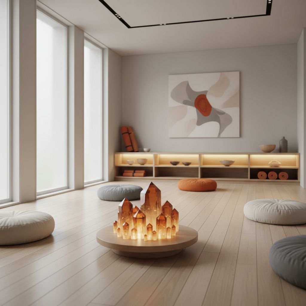 Peaceful meditation room with crystals and soft lighting focusing on orange stones representing the sacral chakra