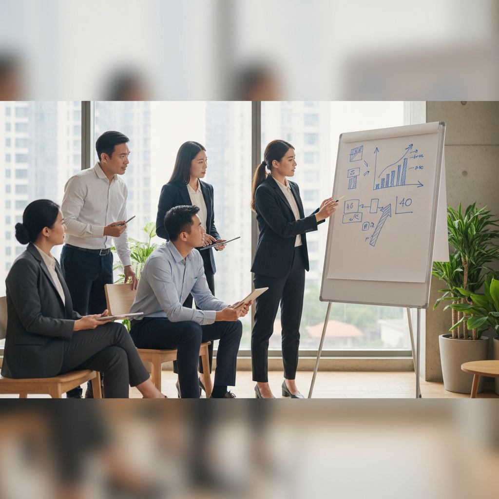 Une équipe professionnelle dans un bureau moderne discutant de stratégie financière sur un tableau blanc