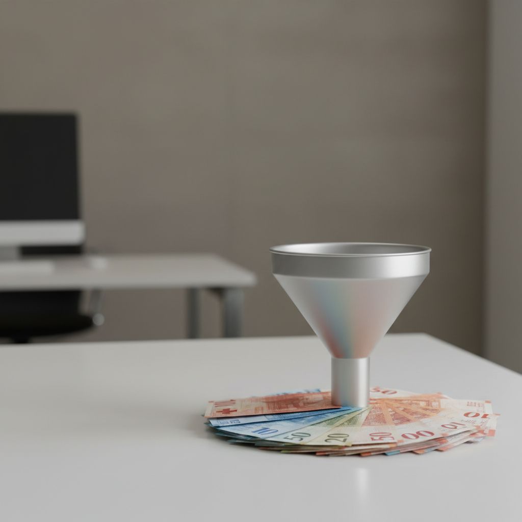 Illustration montrant un entonnoir de validation d'idée : du concept brut à la prévente, avec des francs suisses en bas