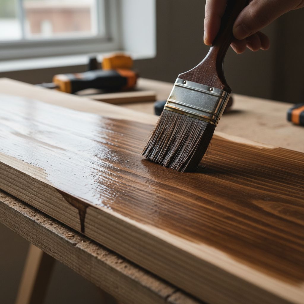 Close up of a brush applying high quality dark stain on raw pine wood texture