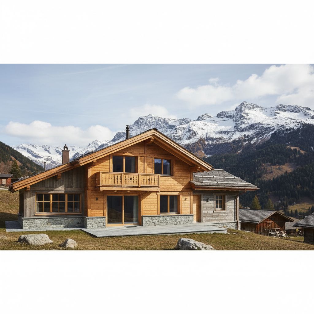 A beautiful wooden chalet in the Swiss Alps with renovated facade showing golden wood tone