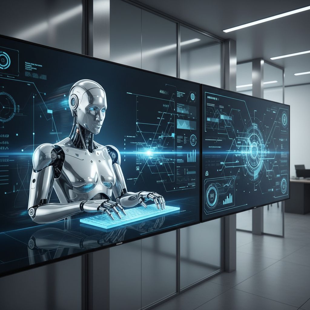 A futuristic split screen showing a robot typing at lightning speed on the left and a complex dashboard with analytics on the right.